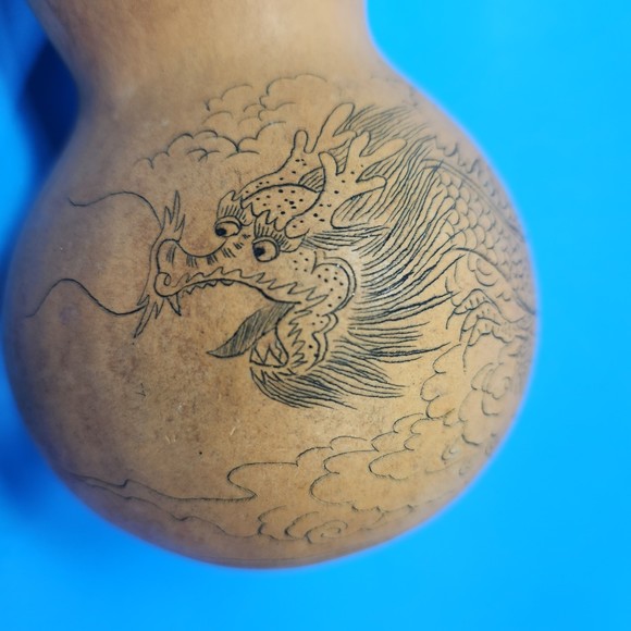 Chinese Carved Dragon Gourd Branched Horns Writing 7 in. High Real - Picture 10 of 10